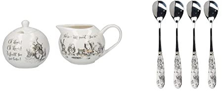 V&A 5227082 Alice in Wonderland Fine China Milk Jug and Sugar Bowl Set & V&A Alice in Wonderland Stainless Steel Teaspoons with Decorative Porcelain Handles, 15.5 cm (6) - White