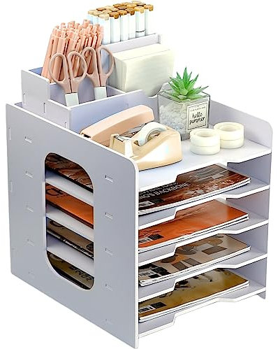 PLSOPPKG Letter Tray Desk Organiser, A4 Paper Filing Tray, 5-Tier Paper Tray For Office Desk, File Document Holder with Stackable Filing Trays, Office Desk Tidy Organiser with Pen Holder, White