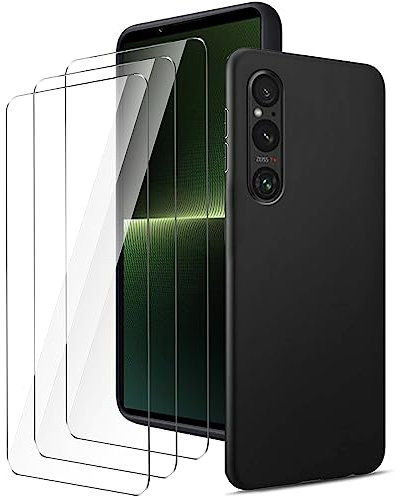 LYZXMY Cover per Sony Xperia 1 V 5G (6.5) Nero Custodia + 3 Pezzi Pellicola Protettiva in Vetro Temperato, Ultra Sottile in Silicone Protettivo Bumper TPU Morbido Gel Case