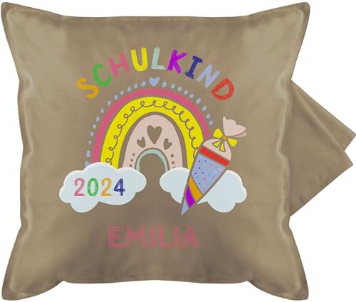 Kissenbezug - Einschulung Kissen - Schulkind 2025 Regenbogen - 50 x 50 cm - Beige Natur - mädchen motivationskissen schulanfang schulanfänger schultüte sitzkissen schule 1. schultag zuckertüte