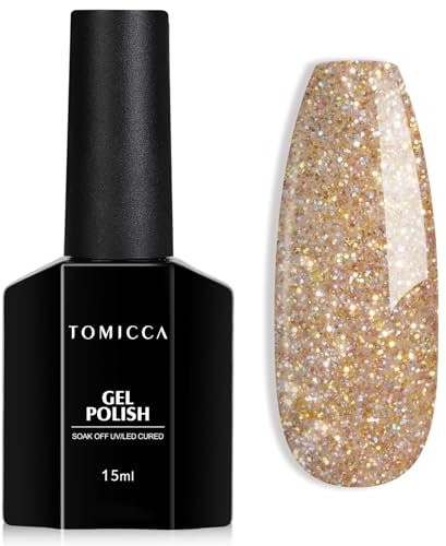 TOMICCA UV Nagellack Weihnachten Glitter Gold, 15ml Glitter Gold Gel-Nagellack, Soak Off UV/LED Gel Gold Nagellack für Starter Nail Art Salon DIY