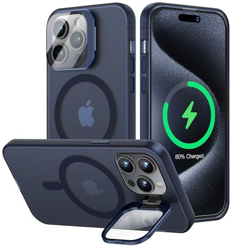 OLHAOMAO Funda Magnética para iPhone 15 Pro MAX Compatible con mag Safe, Lente Cámara Protección Completa, Antigolpes Carcasa con Cámara Soporte, Translúcida Mate Trasera Fina Case