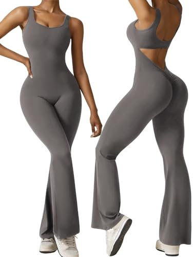 Vertvie Damen Jumpsuit Flared Eng Scrunch Butt Bodysuit Lang Yoga Ärmellos Overall Sport Rückenfrei Einteiler Bootcut Onepiece Ganzkörperanzug Sexy Playsuits Gym Workout Bodycon,Grau,S