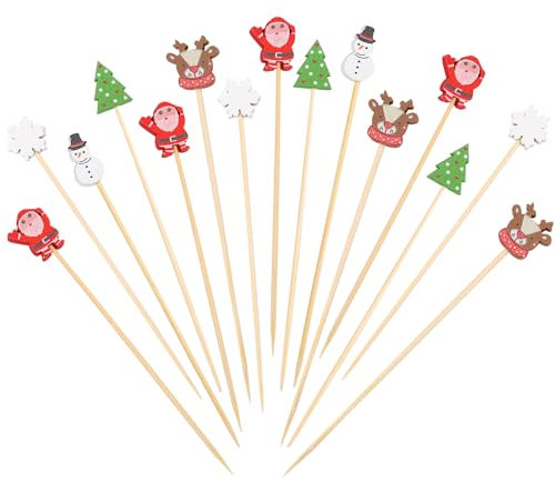 ENLACE Weihnachten Cocktailspieße 100 Stück Food Picks Weihnachten,Fingerfood Spieße 6 Stile,Elch Cocktail Deko Obststäbchen,Holzspieße Party Picks für Weihnachtsdekoration,Cocktail Dekoration