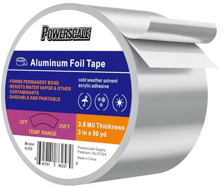 PowerScale Cinta adhesiva de aluminio 75mm x 45m Cinta metálica Autoadhesiva Cinta adhesiva resistente al agua y al calor Cinta adhesiva de aluminio para mantenimiento de tuberías