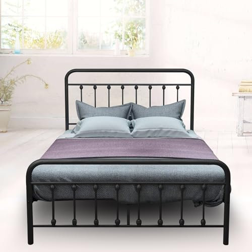 Prismoria Bett 140 x 200 cm Einzelbett aus Metall, Bettgestell im Vintage-Stil, Retro Elegantes Jugendbett mit Lattenrost & Hohem Kopfteil, Schwarz
