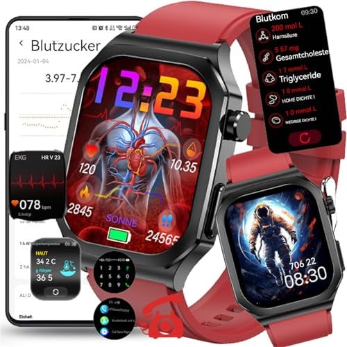 Fohatu Smartwatch 𝐛𝐥𝐮𝐭𝐳𝐮𝐜𝐤𝐞𝐫𝐛𝐥𝐮𝐭𝐳𝐮𝐜𝐤𝐞𝐫𝐦𝐞𝐬𝐬𝐮𝐧𝐠𝐄𝐂𝐆,𝐃𝐢𝐚𝐛𝐞𝐭𝐞𝐬 Smartwatch Mit Bluetooth-Anrufe,aktivitätstracker Mit Blutfette Harnsäure Blutdruck Monitor,Red
