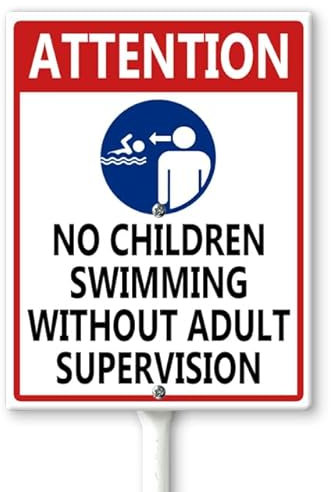 Horienteeon Schild mit Pfählen Attention No Children Swimming Without Adult Supervision, 11,5 x 15 cm, stabiles Aluminiumschild, Pool-Regeln, Poolschild für Schwimmbäder, Rives