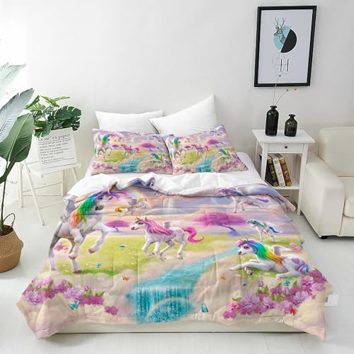 ANHOPE Regenbogen Einhorn Florale Bettwäsche Set Microfaser Bettbezüge mit Reißverschluss 3 Teilig Bettbezug 155x220 cm + 2 Kissenbezug 80x80 cm Weich Bettdeckenbezug Set für Kinder Mädchen