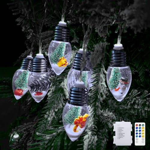 YOLIGHT Christmas Bulb String Lights Battery Operated & Timer, 13ft 20 LED Christmas Tree Lights with Cute Ornaments, Snow Globe Lights for Home Room Mantel Christmas Decoration Indoor (White)