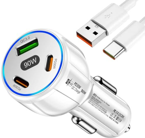 Cargador de Coche 3 en 1 de 90W, Cargador Coche Carga rápida con Puertos USB-C, QC3.0 y USB para móvil, iPhone, Xiaomi, Samsung, Adaptador de Carga rápida mechero Coche