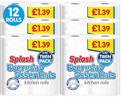 Jumbo Splash Twin Pack Kitchen Rolls - Everyday Essentials 2-Ply Paper Towels (12 Rolls)