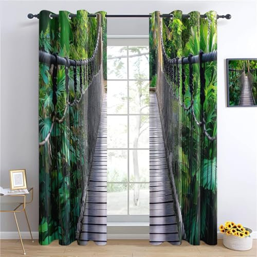 Rideau Pont à câbles en Bois Exotique Rideaux Thermiques à Oeillets pour Salon Chambre Fenetre, Vert Acoustiques Opaque Fenêtres Décoration 100L X 178H cm (2 Panneaux)