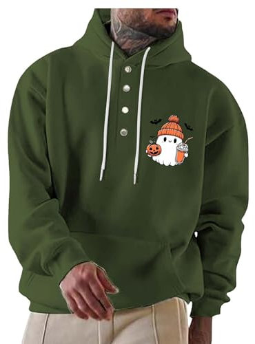 Pullover für Herren, übergroßer Kapuzenpullover, schwarz, trendig, für Frühling und Herbst, lässig, langärmelig, Knopfrevers, drei Halloween, bedruckt, Kapuzen-Sweatshirt, Trainingsanzug, grün, XL