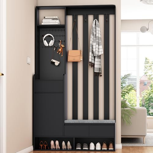 Merax Flurgarderoben Set, Garderoben-Set, Stylishe Kompaktgarderobe mit Schuhbank, Schließfach, Schublade, 4 Haken, flexibel Stecktafel, Garderobenständer für Eingangsbereich, 100x35x180cm, Schwarz
