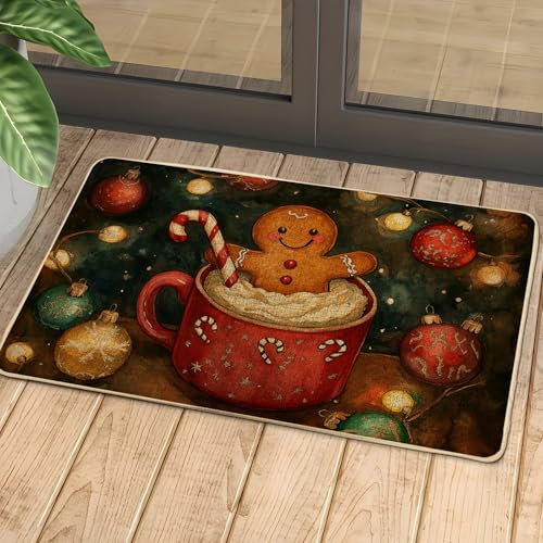 Tapete de puerta de hombre de jengibre, tapete rojo para decoración de interiores y exteriores, tapete antideslizante con temática navideña de invierno, bonito tapete de bienvenida festivo para