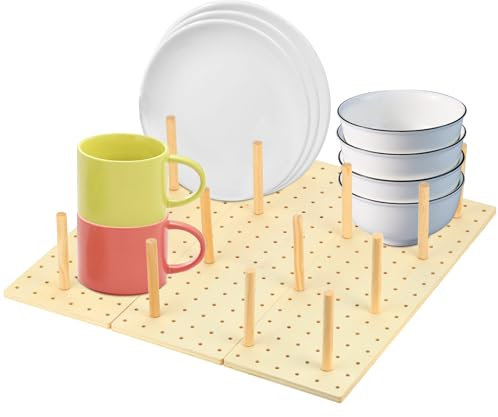 17 x 5.91 in 3 Pcs Wood Pegboard Drawer Organizer with 34 Pegs Wooden Peg Board Drawer Shelf Organizer Adjustable Drawer Peg System for Dishes Plate Pot Container Cookware Utensil Kitchen