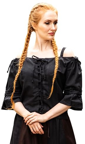 Leonardo Carbone® Damen Bluse Trägerbluse Prina | Verstellbare Träger | Schnürung Vorne | Karneval, Halloween, Cosplay, LARP, Mittelalter, Wikinger, Kostüm | Baumwolle Schwarz 2XL