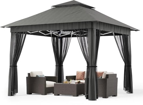 Bealife Gazebo Pieghevole 3x3m con 4 Pareti Rete Zanzariera, Doppio Tetto Impermeabile, Protezione e Borsa con Ruote - Inclusi Sacchi di Sabbia per Stabilità, Grigio