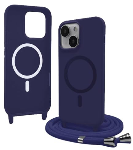 Bigcousin Coque Magnétique pour iPhone 13 6,1 Zoll avec Cordon,[Compatible avec MagSafe],Silicone avec Collier Case Portable Cover,Réglable Collier Lanyard Case,Bleu