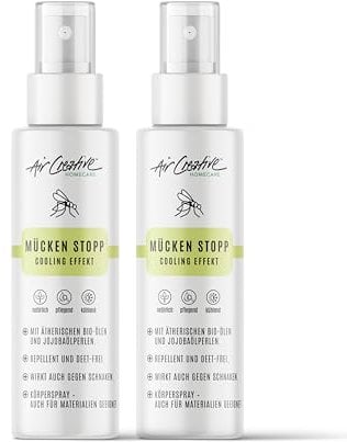 Air Creative - Mückenspray Kinder & Erwachsene - Mückenschutz DEET frei, mit Jojoba-Perlen und Ätherischen Ölen für Pflege und Kühlung - Effektiv gegen Mücken und Schnaken - 2erPack (200ml)