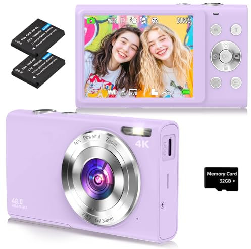 STUOGYUM Fotocamera digitale, messa a fuoco automatica 4K con scheda SD da 32 GB, HD 48 MP, schermo da 2,8 pollici, zoom digitale, fotocamera compatta, mini fotocamera portatile per adulti, Begier