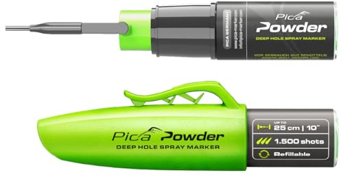 Pica Powder® Deep Hole Spray Marker PICA2020. Holes from 3mm & Marks Through Upto 25cm. High-Vis Green Chalk. Refills for Long-Term use-1500 Shots lifespan. 1 Handed Spray Action. 360° Spray Nozzle.