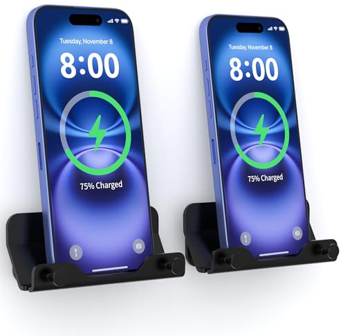 HomeMount Handy Wandhalterung, Selbstklebender Halter, Schwarz, 2 STK | Mit Seitenhaken & Kabelaufbewahrung für Schlafzimmer/ Wohnzimmer/ Küche, mit Ladeanschlüssen, Kompatibel Mit Mini-iPads