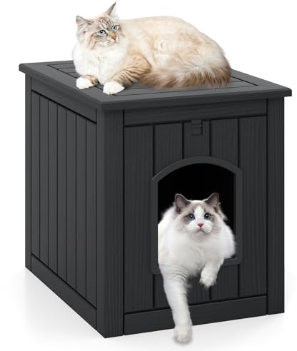 COSTWAY Indoor Outdoor Cat House, Waterproof Plastic Hidden Cats Litter Box Enclosure with Flip Front Door & Raised Floor, Kitten Condo Kennel Pet Bed Hideaway Cave, 60 x 47 x 54.5cm (Black)