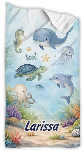 Unikatolo Badetuch Handtuch Kinder mit Name personalisiert (Unterwasserwelt, 50 x 100 cm)