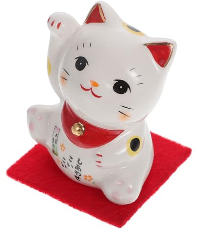 HOOTNEE Keramik Glückskatze Winkekatze Katzenornament Weiß mit Feiner Handwerkskunst als Hübsche Katzendekoration für Schreibtisch und Geburtstagsgeschenk