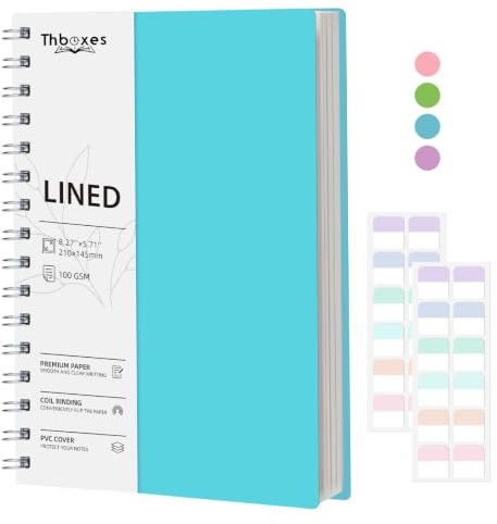 Thboxes A5 Notebook, Wirebound Spiral Notebooks 200 Pages, 100gsm Lined Paper PVC Waterproof Cover Notepad with 24 Labels for Women Men Work Office School, 14.5 x 21cm - Blue