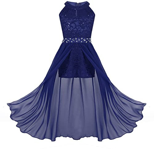 TiaoBug Robe Princesse Enfant Fille Dentelle Robe Soirée à Strass Asymétrie Robe Mariage Cérémonie Cocktail Robe sans Manche Organza Robe Demoiselle d'honneur Danse Carnaval E Bleu 14 Ans