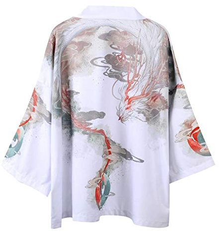 Japonais Kimono Cardigan Hommes et Femmes Manteau Haut Veste Robe Cloak Open Front Short Coat Impression Cloak Chinois Veste T-Shirt Yukata Pas Cher Grande Taille Tops 3/4 Manches (Blanc 5, S)