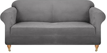 viceroy bedding VELVET STRETCH Thick Sofa Covers 1/2/3/4 Seater Sofa Furniture Protector EASY FIT ELASTIC Jacquard Fabric Couch Settee Slipcover BONUS SIDE STORAGE POCKET (Grey, 4 Seater)