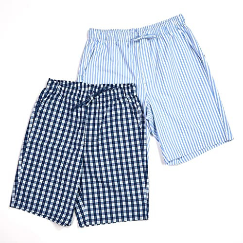 LAPASA Lot de 2 Shorts de Pyjama Homme 100% Coton Court Short de Détente & d'Intérieur Maison Pyjacourt avec Poches M92 Rayures Bleu Clair & Blanc, Carreaux Bleu & Blanc XXL