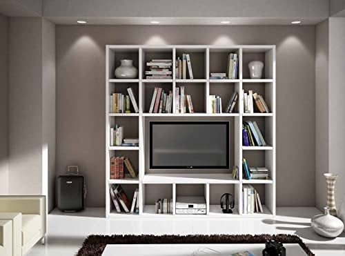 MARCA DESIGN - Libreria con Porta TV in Legno LPH 218x218x30 cm - Mobile Libreria Da Parete con 19 Scomparti - Mobile con Vano TV 126x83 cm - Cubi Interni 40x40 cm