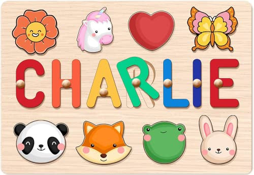 Personalized Name Puzzle for Kids, Wooden Puzzles for 1 year Old with Stand and Elements,1st Birthday Gifts for Boy Girl, Baby Puzzle Educational Toys Gift