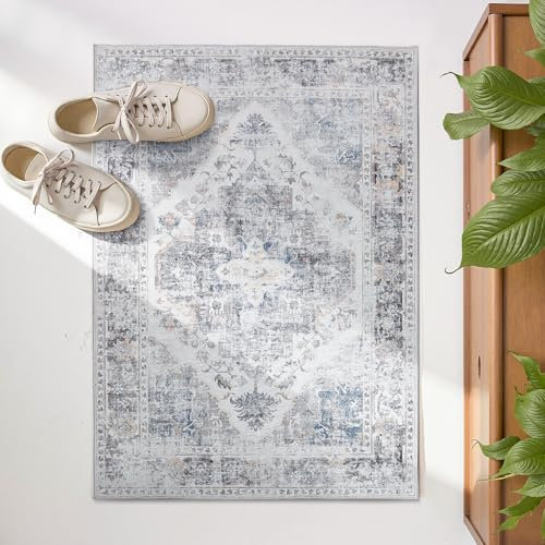 TOPICK Door mat Washable 60x90cm Grey Entryway Doormat Indoor Floral Print Small Rug Thin Lightweight Non Slip Carpet for Kitchen Bathroom