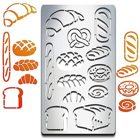 MAYJOYDIY Brot-Metall-Schablone, Baguette-Toast, Brot, Croissants, Schablone, 10,2 x 17,8 cm, Brot-Thema, Metall-Tagebuch-Schablonen, wiederverwendbar, Edelstahl-Vorlage, DIY, Scrapbooking, Album,