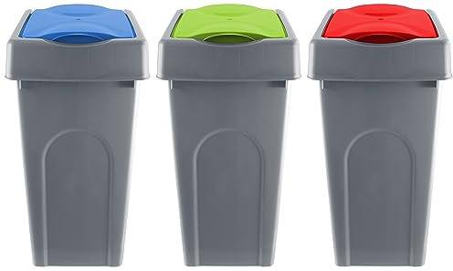 Muddy Hands Set of 3 - Blue, Green & Red - 50 Litre Large Plastic Bin with Lift Top Lid Home Kitchen Rubbish Waste Recycling Dustbin