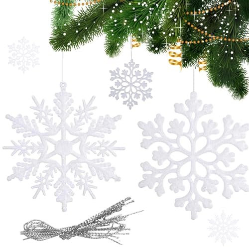 Weihnachten Schneeflocken, 24 Stück Glitter Schneeflocken Deko Plastik Aufhängen Weihnachtsbaum Hängende Ornamente Schneeflocke Weihnachtsbaumschmuck Weihnachtsdeko Fensterdeko