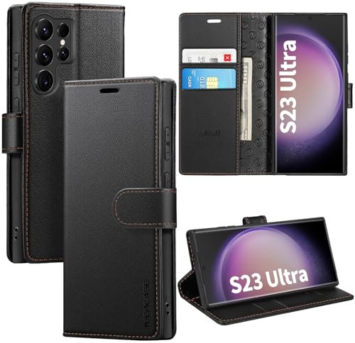ivencase LederHülle für Samsung Galaxy S23 Ultra Hülle, Premium PU Schutzhülle Flip mit Tasche Brieftasche Magnetverschluss handyhülle für Samsung S23 Ultra Hülle - Schwarz