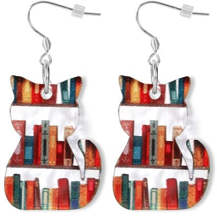 Katzen Buch Ohrringe, Transparent Katzen Ohrringe Baumeln Buch Ohrringe Bücherregal Ohrringe Accessoires Geschenke für Katzenliebhaber Bücherwurm Leser Lehrertag Wertschätzung