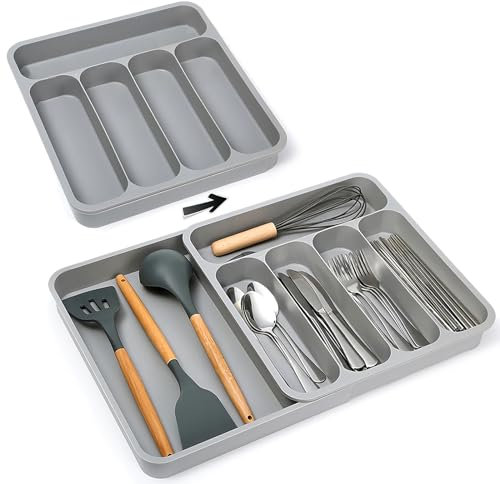 Kitchen Drawer Organiser,Cutlery Drawer Organiser,Large Cutlery Drawer Organiser,6 Compartment Extendable Cutlery Tray,for Storing Small Items Such as Knives, Forks and Spoons (Grey)