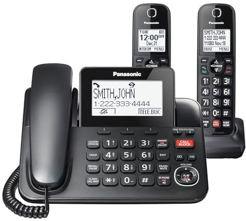 Panasonic Corded Phone/Cordless Phone with Answering Machine, Advanced Call Block and 2-Way Recording, 2 Handsets Expandable up to 6 Cordless Handsets - KX-TGF852B (Black)