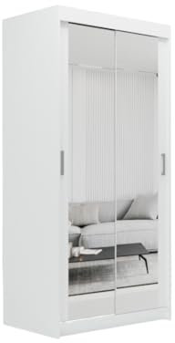 ELUKS SKY Double Sliding Doors Wardrobe with Mirror Drawers Furniture for Bedroom Living Room and Hall Wardrobe Organizer Width 100cm/120cm/150cm/180cm/200cm (White, 100cm)