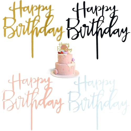 4pcs Happy Birthday Cake Topper, Happy Birthday Cake Decoration Acrylic Cake Topper, Gold Cake Toppers for Men Women Boys Girls Birthday Party Supplies