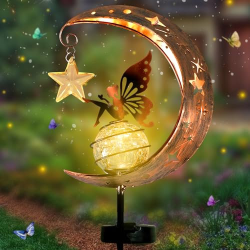 Mond Solarleuchten Garten Deko Terassendeko, Solarlampen für Außen Garten Balkon Terrasse Rasen, wasserdichte Elfenfee Lampen – Geschenk für Frauen mit Kristallkugel Sonnenfänger für Konstantes Licht