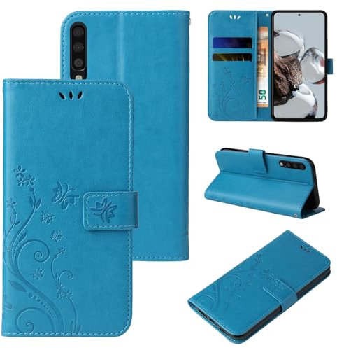 LBH Handy Hülle für Samsung Galaxy A70 Case Handytasche Schmetterling Blumen Flower Standfunktion Schutzhülle Magnet Rundum Schutz 360 Grad Flipcase Cover Blau